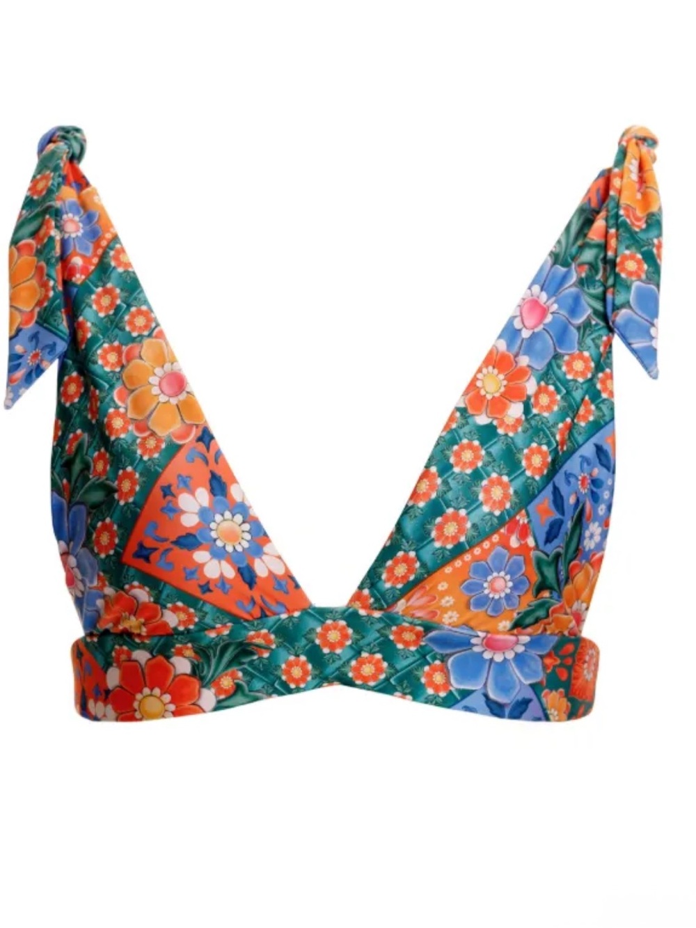 Agua Bendita Floral Tie-Shoulder Bikini Top in Green, Orange & Blue